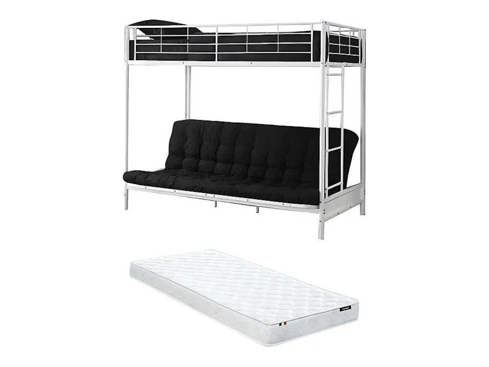 Lit mezzanine 90 x 190 cm - Avec banquette convertible - Métal - Blanc + Futon + Matelas - MODULO V>Vente-unique Best