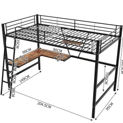 Okwish Lit Mezzanine 90 x 200 cm - Lit Simple avec Bureau en L et Étagère - Métal + MDF - Sans Matelas - Noir* Lit Mezzanine