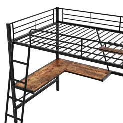 Okwish Lit Mezzanine 90 x 200 cm - Lit Simple avec Bureau en L et Étagère - Métal + MDF - Sans Matelas - Noir* Lit Mezzanine