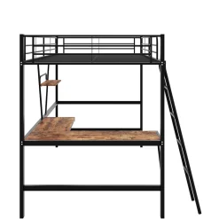 Okwish Lit Mezzanine 90 x 200 cm - Lit Simple avec Bureau en L et Étagère - Métal + MDF - Sans Matelas - Noir* Lit Mezzanine