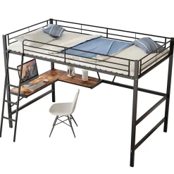 Okwish Lit Mezzanine 90 x 200 cm - Lit Simple avec Bureau en L et Étagère - Métal + MDF - Sans Matelas - Noir* Lit Mezzanine