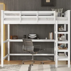 Okwish Lit Mezzanine 140 x 200 cm - Lit enfant avec Bureau et Rangements - Pin + MDF - Sans Matelas - Blanc* Lit Mezzanine