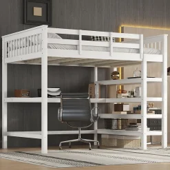 Okwish Lit Mezzanine 140 x 200 cm - Lit enfant avec Bureau et Rangements - Pin + MDF - Sans Matelas - Blanc* Lit Mezzanine