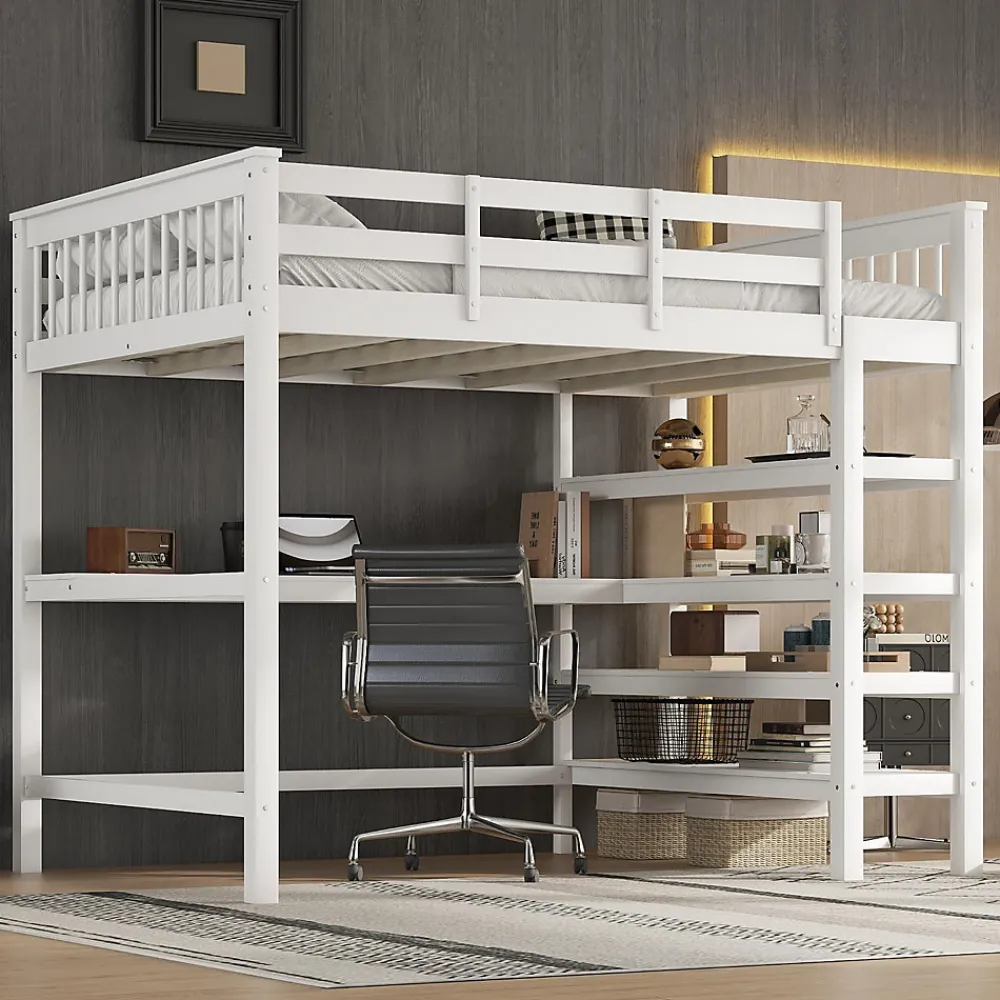 Okwish Lit Mezzanine 140 x 200 cm - Lit enfant avec Bureau et Rangements - Pin + MDF - Sans Matelas - Blanc* Lit Mezzanine