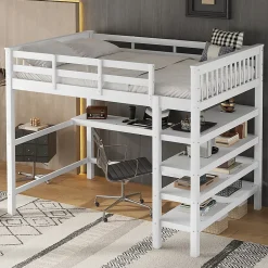 Okwish Lit Mezzanine 140 x 200 cm - Lit enfant avec Bureau et Rangements - Pin + MDF - Sans Matelas - Blanc* Lit Mezzanine