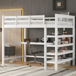 Okwish Lit Mezzanine 140 x 200 cm - Lit enfant avec Bureau et Rangements - Pin + MDF - Sans Matelas - Blanc* Lit Mezzanine