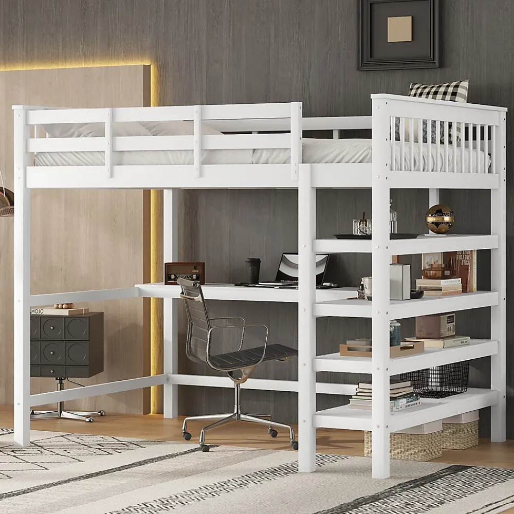 Okwish Lit Mezzanine 140 x 200 cm - Lit enfant avec Bureau et Rangements - Pin + MDF - Sans Matelas - Blanc* Lit Mezzanine