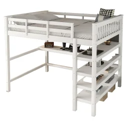 Okwish Lit Mezzanine 140 x 200 cm - Lit enfant avec Bureau et Rangements - Pin + MDF - Sans Matelas - Blanc* Lit Mezzanine