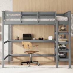 Okwish Lit Mezzanine 140 x 200 cm - Lit enfant avec Bureau et Rangements - Pin + MDF - Sans Matelas - Gris* Lit Mezzanine