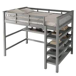 Okwish Lit Mezzanine 140 x 200 cm - Lit enfant avec Bureau et Rangements - Pin + MDF - Sans Matelas - Gris* Lit Mezzanine