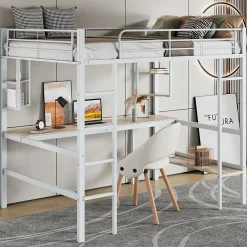 Lit Mezzanine 90 x 200 cm - Lit avec Bureau et Étagères - Métal + MDF - Sans Matelas - Blanc>Okwish Best