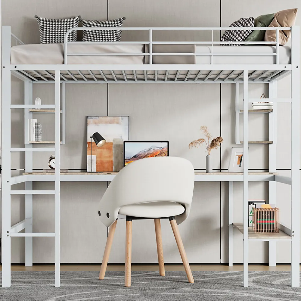 Lit Mezzanine 90 x 200 cm - Lit avec Bureau et Étagères - Métal + MDF - Sans Matelas - Blanc>Okwish Best