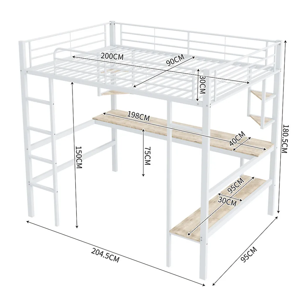 Lit Mezzanine 90 x 200 cm - Lit avec Bureau et Étagères - Métal + MDF - Sans Matelas - Blanc>Okwish Best