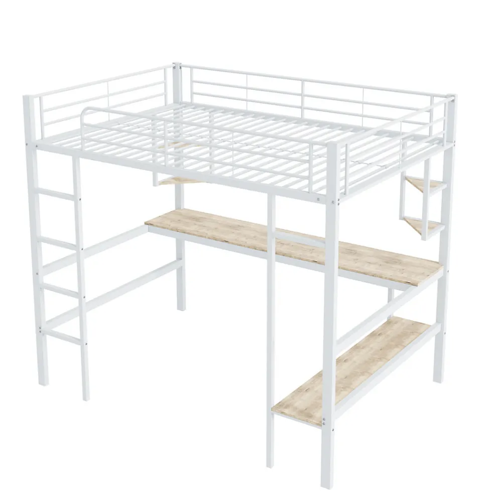 Lit Mezzanine 90 x 200 cm - Lit avec Bureau et Étagères - Métal + MDF - Sans Matelas - Blanc>Okwish Best