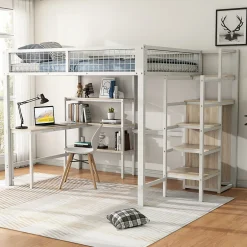 Lit Mezzanine 140 x 200 cm - Lit avec Bureau et Étagères - Métal + MDF - Sans Matelas - Blanc>Generique Sale