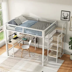 Lit Mezzanine 140 x 200 cm - Lit avec Bureau et Étagères - Métal + MDF - Sans Matelas - Blanc><noscript><img width=