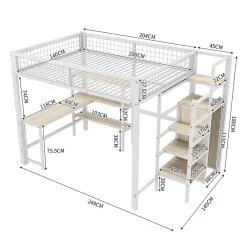 Lit Mezzanine 140 x 200 cm - Lit avec Bureau et Étagères - Métal + MDF - Sans Matelas - Blanc><noscript><img width=