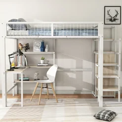 Lit Mezzanine 140 x 200 cm - Lit avec Bureau et Étagères - Métal + MDF - Sans Matelas - Blanc><noscript><img width=