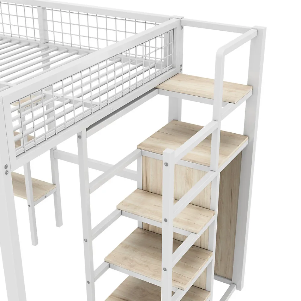 Lit Mezzanine 140 x 200 cm - Lit avec Bureau et Étagères - Métal + MDF - Sans Matelas - Blanc>Generique Sale