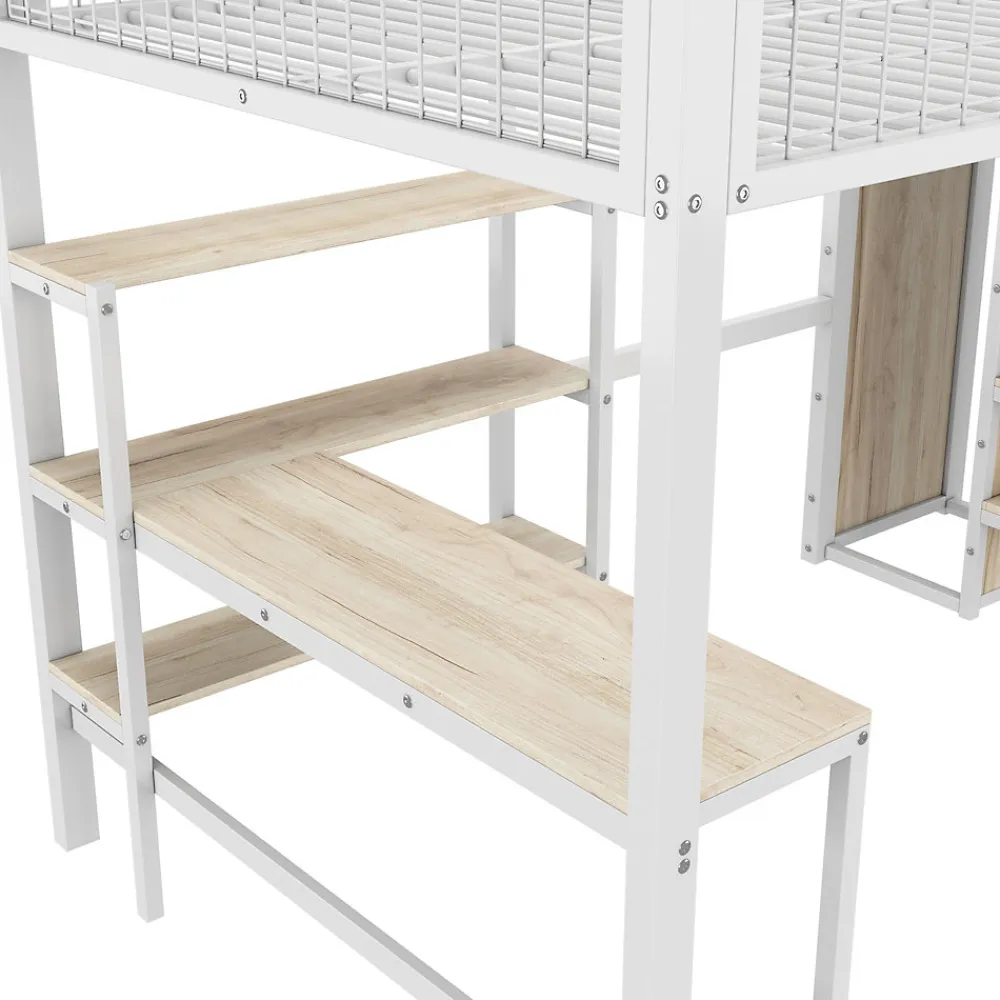 Lit Mezzanine 140 x 200 cm - Lit avec Bureau et Étagères - Métal + MDF - Sans Matelas - Blanc>Generique Sale