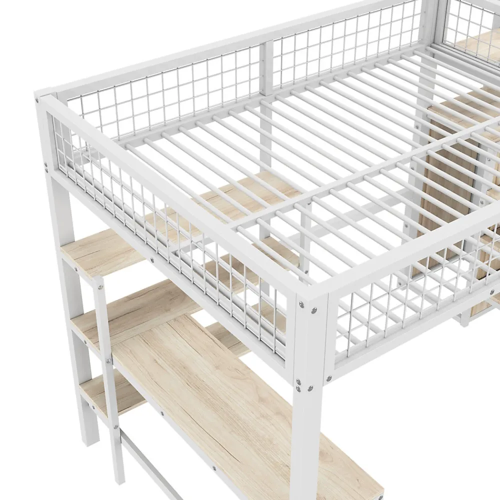 Lit Mezzanine 140 x 200 cm - Lit avec Bureau et Étagères - Métal + MDF - Sans Matelas - Blanc>Generique Sale