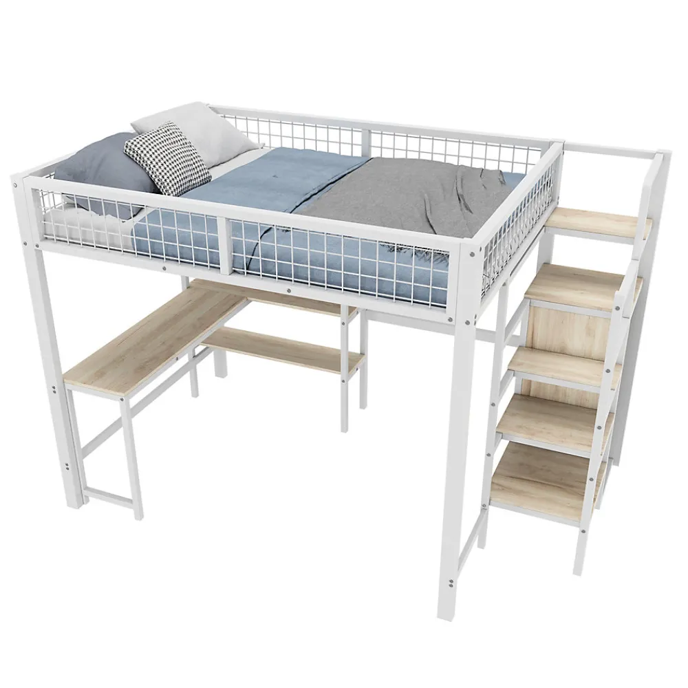 Lit Mezzanine 140 x 200 cm - Lit avec Bureau et Étagères - Métal + MDF - Sans Matelas - Blanc>Generique Sale