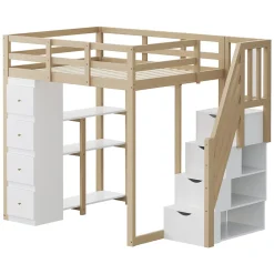 Okwish Lit Mezzanine 140 x 200 cm - Lit Mezzanine Ado avec Commode, Tiroirs et Étagères - Échelle Antidérapante Sécurité - Bois Blanc* Lit Mezzanine