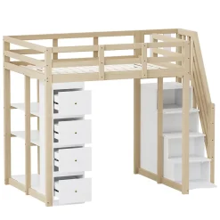 Okwish Lit Mezzanine 140 x 200 cm - Lit Mezzanine Ado avec Commode, Tiroirs et Étagères - Échelle Antidérapante Sécurité - Bois Blanc* Lit Mezzanine