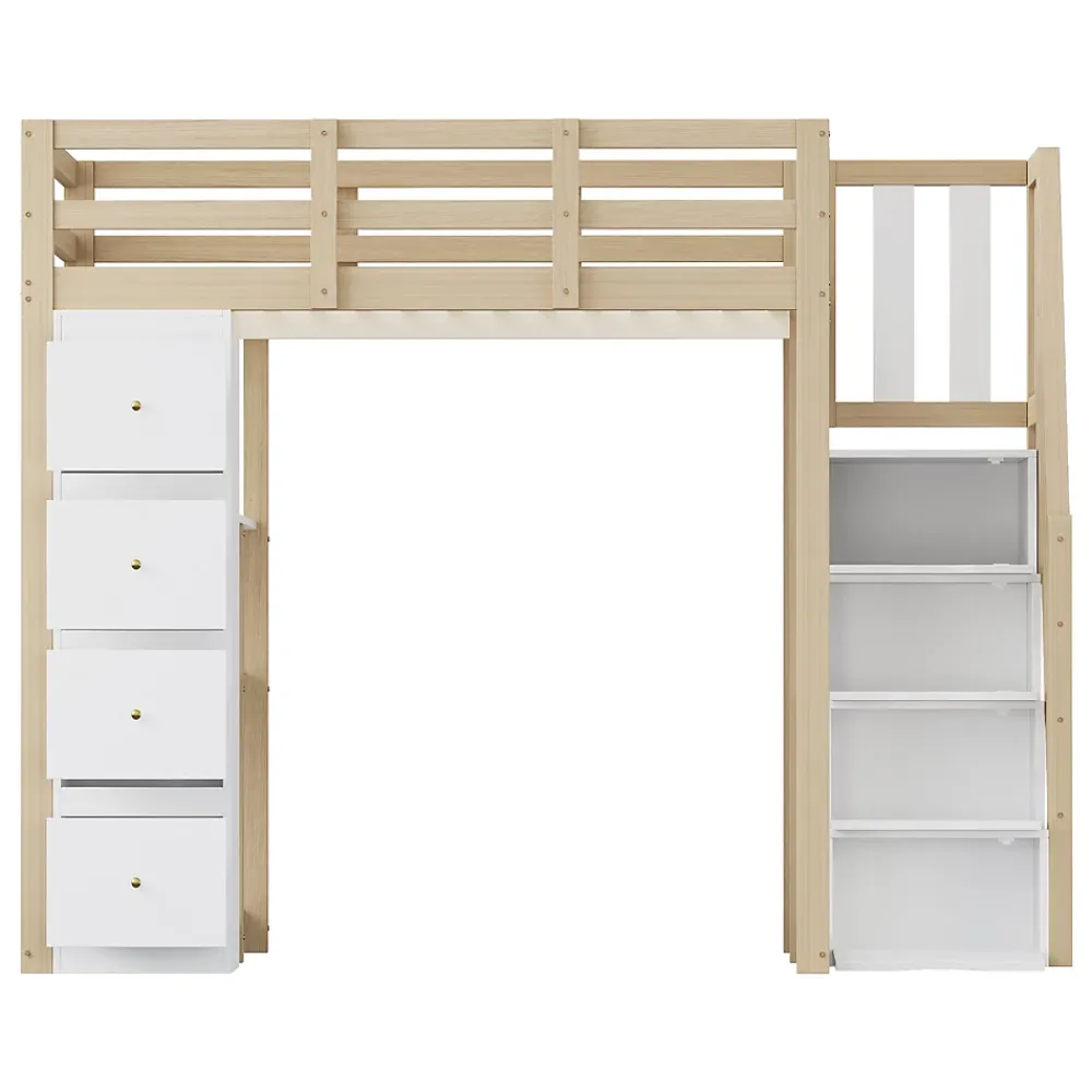 Okwish Lit Mezzanine 140 x 200 cm - Lit Mezzanine Ado avec Commode, Tiroirs et Étagères - Échelle Antidérapante Sécurité - Bois Blanc* Lit Mezzanine