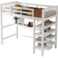 Generique Lit Mezzanine 90 x 200 cm - Lit enfant avec Bureau et Rangements - Pin + MDF - Sans Matelas - Blanc* Lit Mezzanine