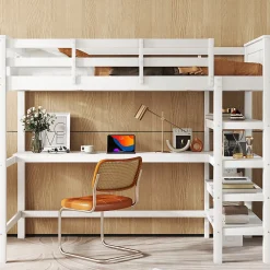 Generique Lit Mezzanine 90 x 200 cm - Lit enfant avec Bureau et Rangements - Pin + MDF - Sans Matelas - Blanc* Lit Mezzanine