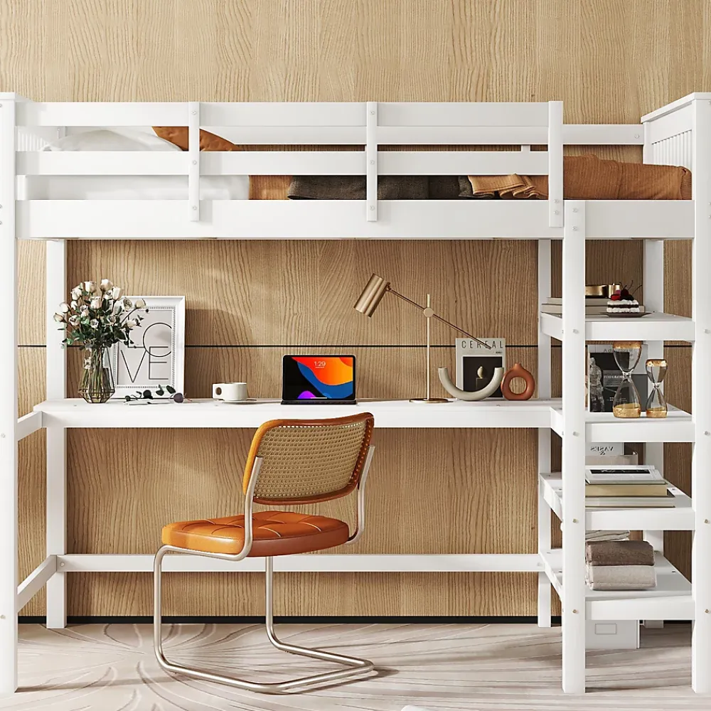 Generique Lit Mezzanine 90 x 200 cm - Lit enfant avec Bureau et Rangements - Pin + MDF - Sans Matelas - Blanc* Lit Mezzanine