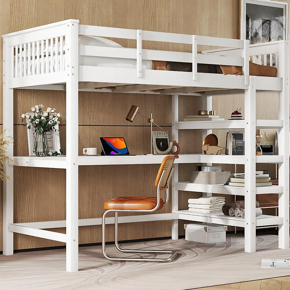 Generique Lit Mezzanine 90 x 200 cm - Lit enfant avec Bureau et Rangements - Pin + MDF - Sans Matelas - Blanc* Lit Mezzanine