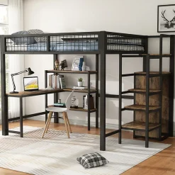 Okwish Lit Mezzanine 140 x 200 cm - Lit avec Bureau et Étagères - Métal + MDF - Sans Matelas - Noir* Lit Mezzanine