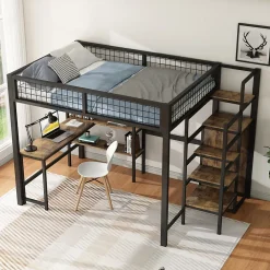 Okwish Lit Mezzanine 140 x 200 cm - Lit avec Bureau et Étagères - Métal + MDF - Sans Matelas - Noir* Lit Mezzanine