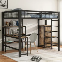 Okwish Lit Mezzanine 140 x 200 cm - Lit avec Bureau et Étagères - Métal + MDF - Sans Matelas - Noir* Lit Mezzanine
