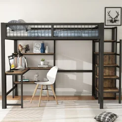 Okwish Lit Mezzanine 140 x 200 cm - Lit avec Bureau et Étagères - Métal + MDF - Sans Matelas - Noir* Lit Mezzanine