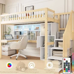 Okwish Lit Mezzanine 90 x 200 cm - Lit Simple avec Bureau, Placard et Étagères, LED Intégrée - Bois Blanc+Nature* Lit Mezzanine