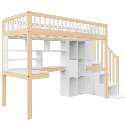 Okwish Lit Mezzanine 90 x 200 cm - Lit Simple avec Bureau, Placard et Étagères, LED Intégrée - Bois Blanc+Nature* Lit Mezzanine