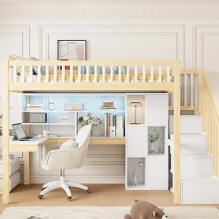 Okwish Lit Mezzanine 90 x 200 cm - Lit Simple avec Bureau, Placard et Étagères, LED Intégrée - Bois Blanc+Nature* Lit Mezzanine