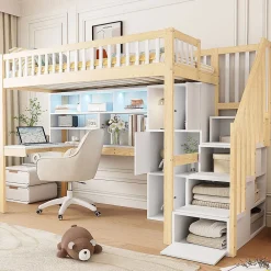 Okwish Lit Mezzanine 90 x 200 cm - Lit Simple avec Bureau, Placard et Étagères, LED Intégrée - Bois Blanc+Nature* Lit Mezzanine