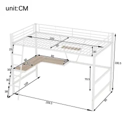 Generique Lit Mezzanine 90 x 200 cm - Lit avec Bureau en L et Étagère - Métal + MDF - Sans Matelas - Blanc* Lit Mezzanine