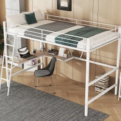 Generique Lit Mezzanine 90 x 200 cm - Lit avec Bureau en L et Étagère - Métal + MDF - Sans Matelas - Blanc* Lit Mezzanine