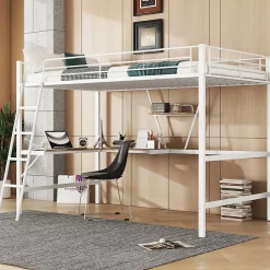 Generique Lit Mezzanine 90 x 200 cm - Lit avec Bureau en L et Étagère - Métal + MDF - Sans Matelas - Blanc* Lit Mezzanine