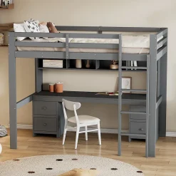 Okwish Lit mezzanine 90 x 200 cm - Lit Simple avec Escalier à Rampe Haute - Pin + MDF - Sans Matelas - Gris* Lit Mezzanine
