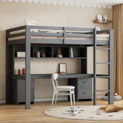 Okwish Lit mezzanine 90 x 200 cm - Lit Simple avec Escalier à Rampe Haute - Pin + MDF - Sans Matelas - Gris* Lit Mezzanine