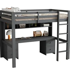 Okwish Lit mezzanine 90 x 200 cm - Lit Simple avec Escalier à Rampe Haute - Pin + MDF - Sans Matelas - Gris* Lit Mezzanine