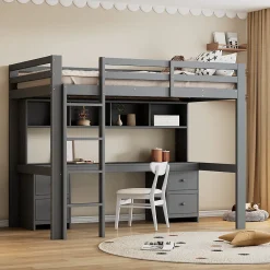 Okwish Lit mezzanine 90 x 200 cm - Lit Simple avec Escalier à Rampe Haute - Pin + MDF - Sans Matelas - Gris* Lit Mezzanine