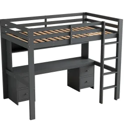 Okwish Lit mezzanine 90 x 200 cm - Lit Simple avec Escalier à Rampe Haute - Pin + MDF - Sans Matelas - Gris* Lit Mezzanine