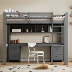Okwish Lit mezzanine 90 x 200 cm - Lit Simple avec Escalier à Rampe Haute - Pin + MDF - Sans Matelas - Gris* Lit Mezzanine
